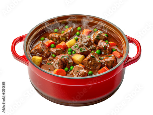 Beef stew with vegetables in a red pan isolated on white background