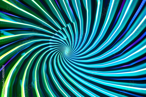 Hypnotic neon lines in blue and green. Fascinating artwork on black background.