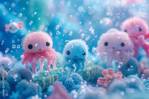Enchanting Kawaii Creatures in an Underwater Pointillist Wonderland photo