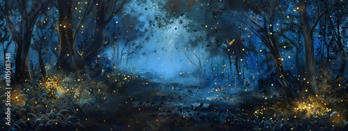A mixed media artwork combining photography and painting to create a realistic yet fantastical depiction of a forest at twilight, illuminated by fireflies and fairy lights. © SH Design