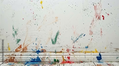  A tight shot of paint splatters on a white wall, with a near rolled white paintroller in the foreground photo