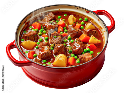 Beef stew with vegetables in red pot. Isolated over white background