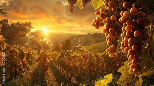 Sunset vineyard. Generative AI photo