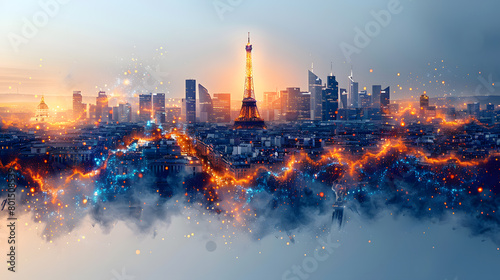 French Landmarks Illustrated Digital Map with Eiffel Tower Vector Graphics