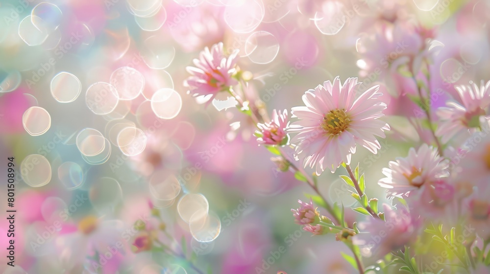   A tight shot of blooming flowers with a soft, out-of-focus backdrop of bokeh lights Flowers in the foreground are lightly blurred