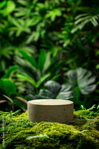 A small green stone sits on a mossy rock in a lush green garden
