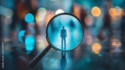 HRM or Human Resource Management, Magnifier glass focus to manager icon which is among staff icons for human development recruitment leadership and customer target group concept. AI