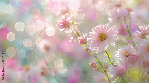  A tight shot of blooming flowers with a soft, out-of-focus backdrop of bokeh lights Flowers in the foreground are lightly blurred