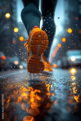 Runner makes a run on evening rainy city. Sneaker shoes, feet close-up. Sports and recreation concept. Success aand achievement
