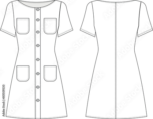 round neck crew neck short sleeve pocket detailed buttoned short a-line shirt dress template technical drawing flat sketch cad mockup fashion woman design style model
