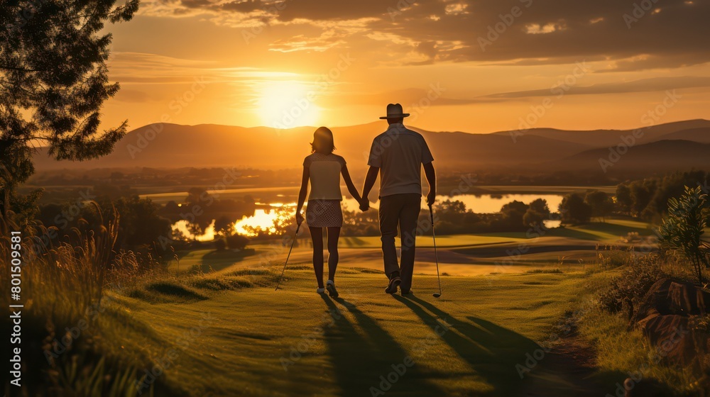 Back view of man and woman holding hands while standing on golf course at sunset