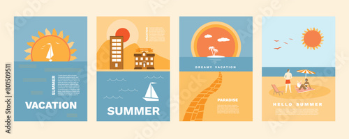 Card set with sea view, sunny beach. Holidays on the sea beach. Landscape with beach,  sky, clouds, yacht in the sea.  Vacation travel and summer holidays illustration. Vector. Typography design.