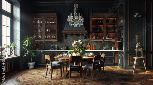 A stylish kitchen room adorned with a chic wooden dining arrangement against a backdrop of a dark classic wall, creating a captivating visual appeal.