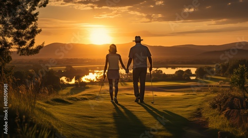 Back view of man and woman holding hands while standing on golf course at sunset