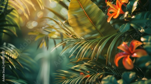 Lush Tropical Foliage with Vibrant Floral Blooms in Verdant Jungle Landscape