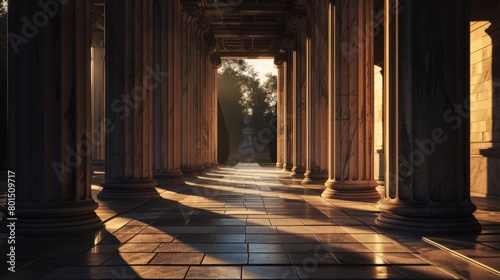 Majestic Columned Passageway Bathed in Warm Illumination