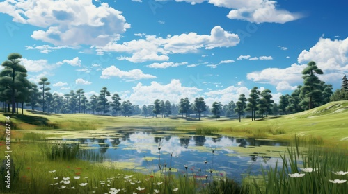 landscape with lake, trees and clouds on blue sky
