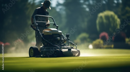 Lawn mower cutting the grass on the golf course. Gardening concept. photo