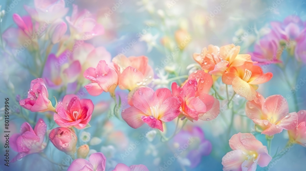   A scene of numerous pink and yellow blooms against a backdrop of blue and white, featuring a softly blurred sky