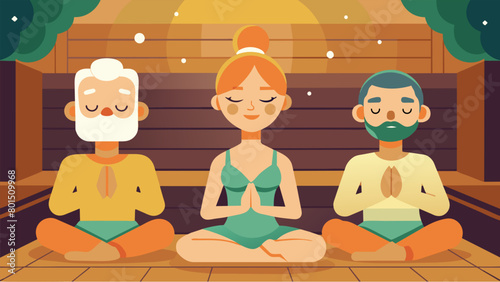 Some characters meditate closing their eyes and focusing on the warmth and tranquility of the sauna..