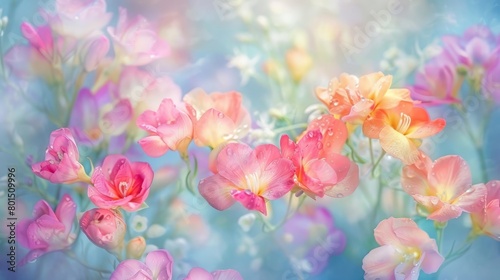  A scene of numerous pink and yellow blooms against a backdrop of blue and white, featuring a softly blurred sky
