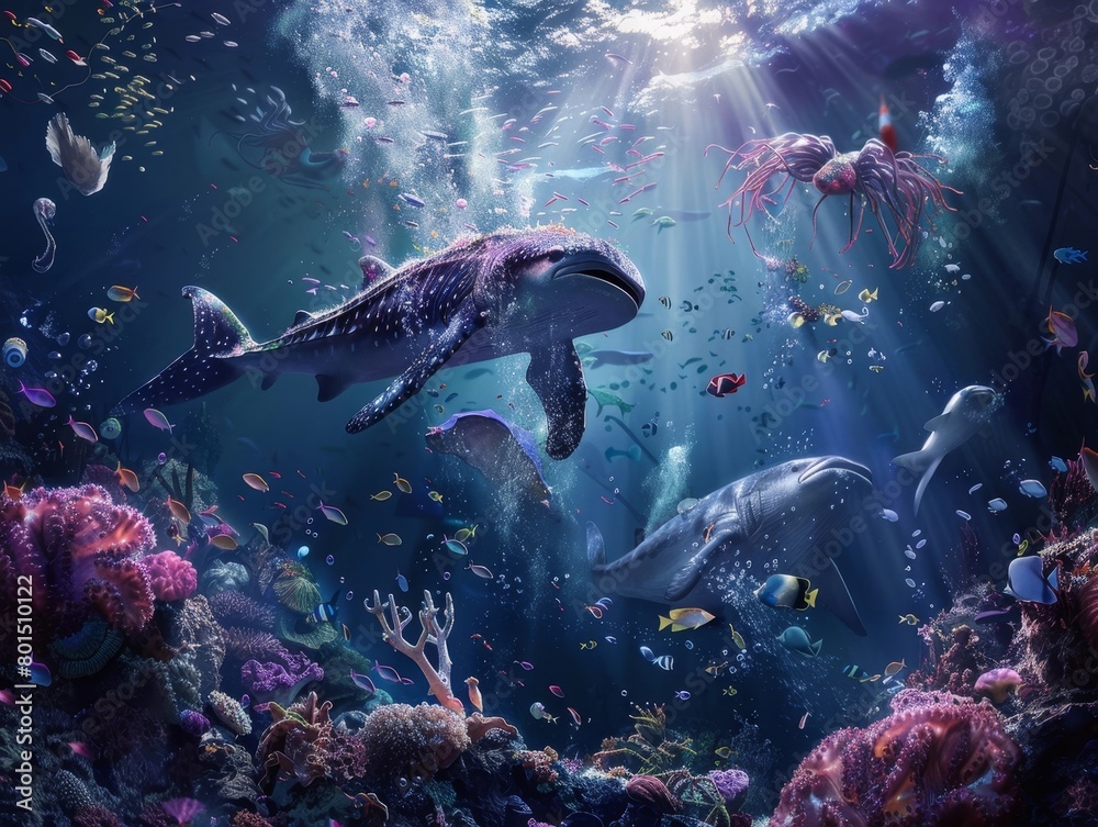Mesmerizing Underwater Dreamscape:Vibrant Marine Life in a Surreal,Ethereal Seascape Mesmerizing Underwater Dreamscape:Vibrant Marine Life in a Surreal,Ethereal Seascape