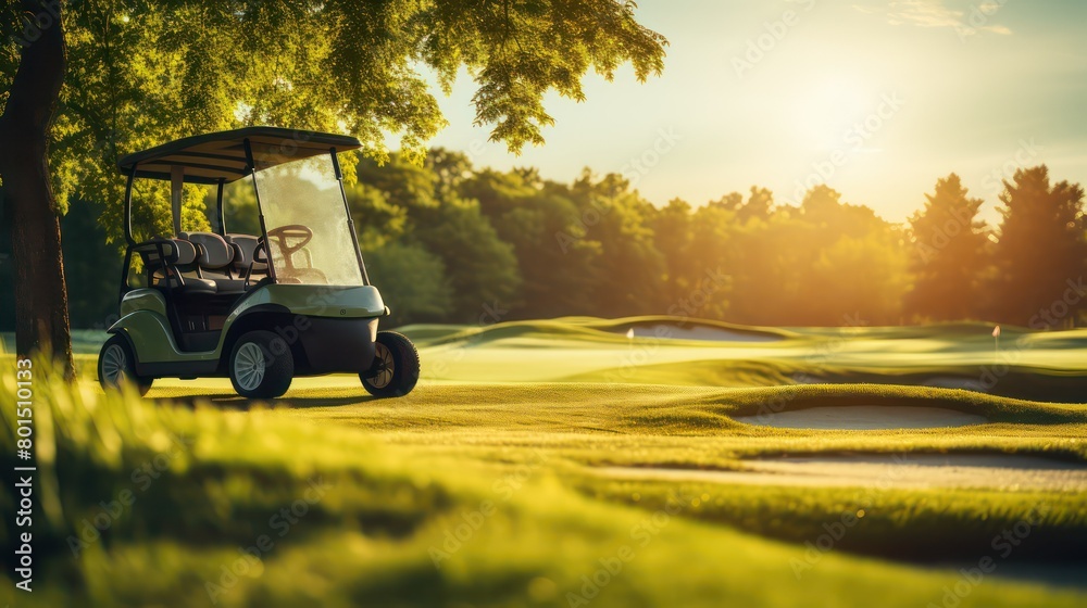 Golf cart on green grass at sunset. Golf cart on golf course