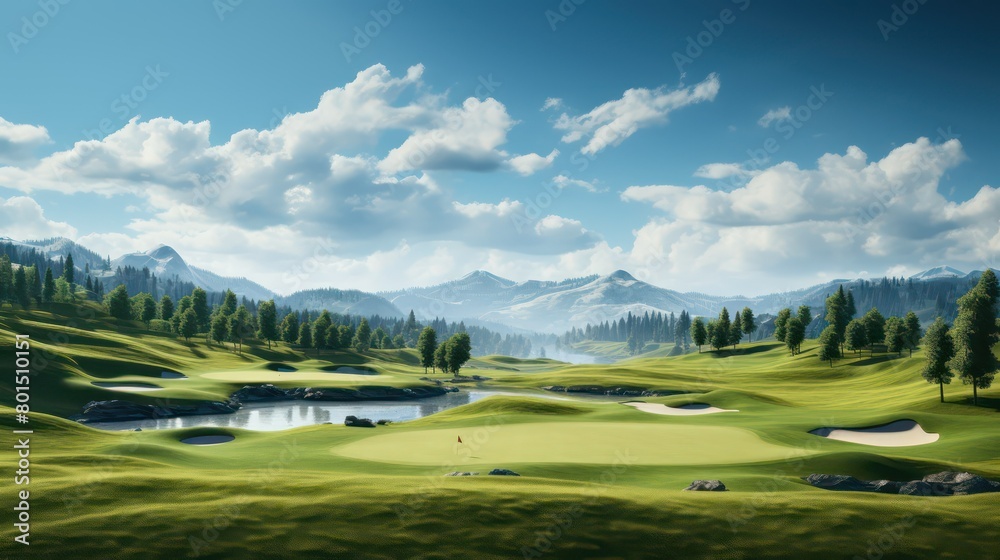 Golf course with green grass and mountains in the background