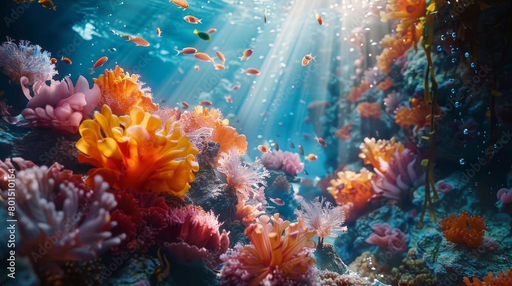 Mesmerizing Underwater Reef Teeming with Vibrant Aquatic Life and Futuristic Dynamism