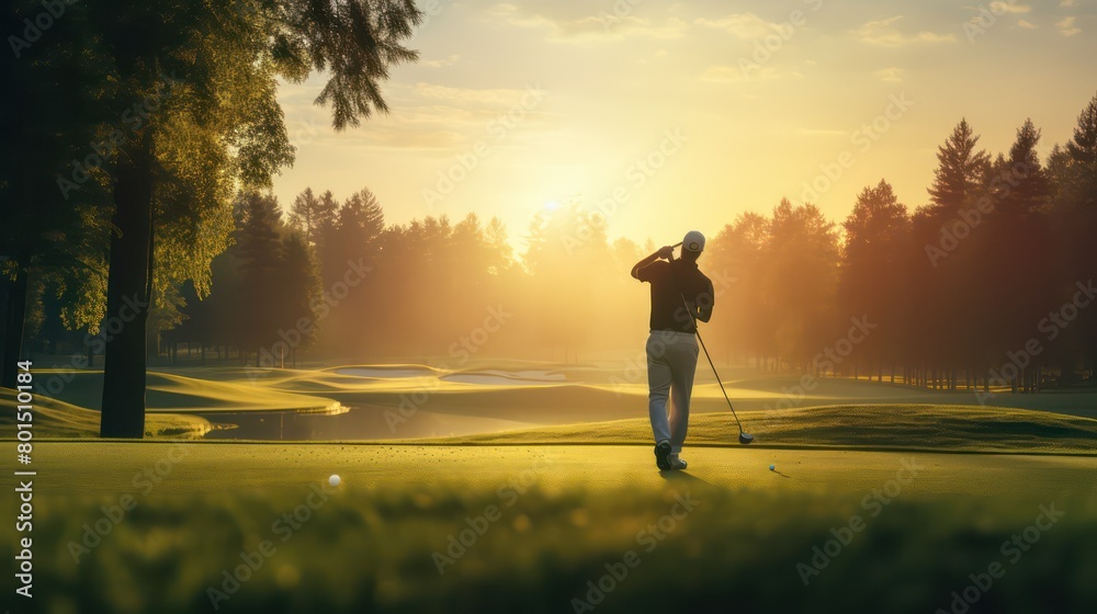 Fototapeta premium Golfer on the golf course at sunset