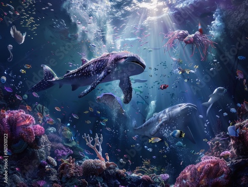 Mesmerizing Underwater Dreamscape Vibrant Marine Life in a Surreal Ethereal Seascape