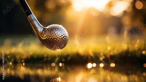 Golf club and golf ball on the green grass with bokeh background