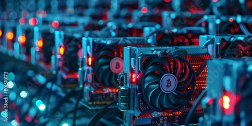 Array of computer CPUs illuminated by red and blue lights, bitcoin miners photo