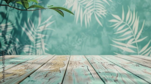 Wooden deck over mint background. Generative AI