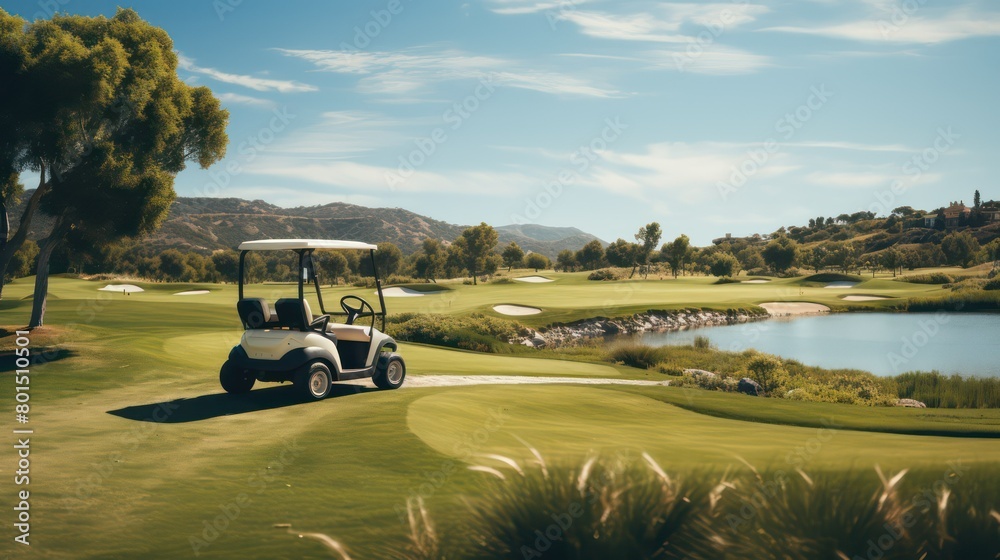 Golf cart on a golf course with beautiful landscape. Vintage tone.