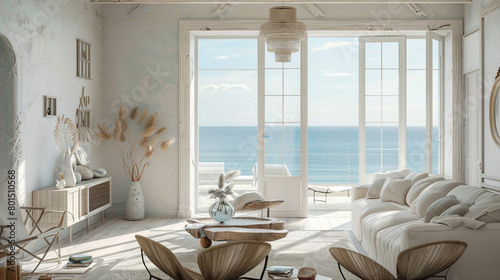 A coastal-inspired living room with whitewashed walls, seashell decor, and a panoramic ocean view.