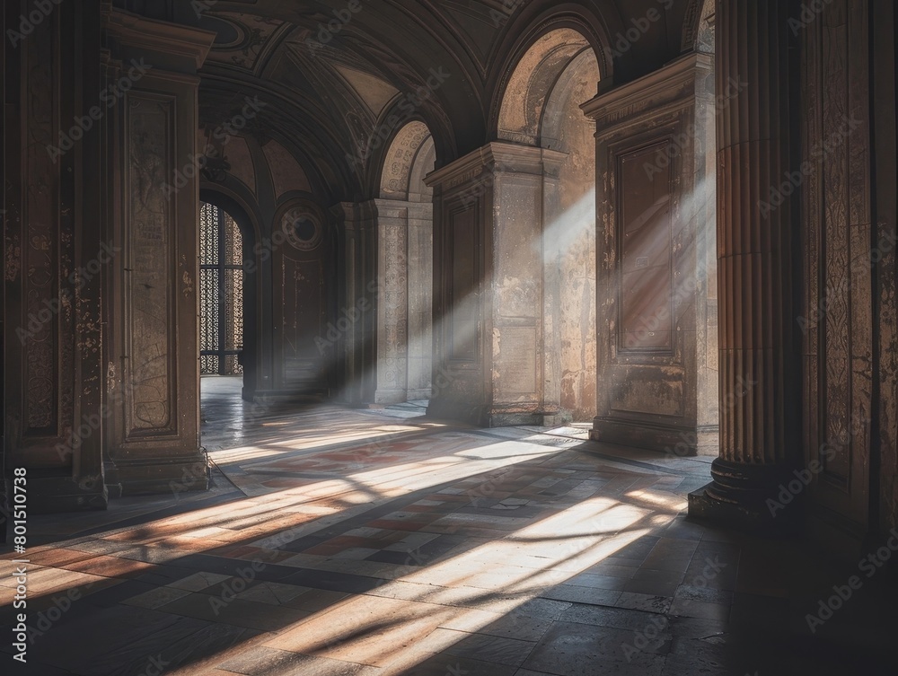 Obraz premium Rays of Heavenly Light Streaming Through Ornate Gothic Church Interiors