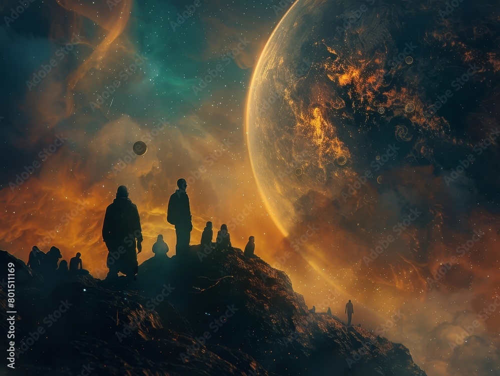 Silhouetted Figures Gaze Upon a Distant Cosmic Landscape