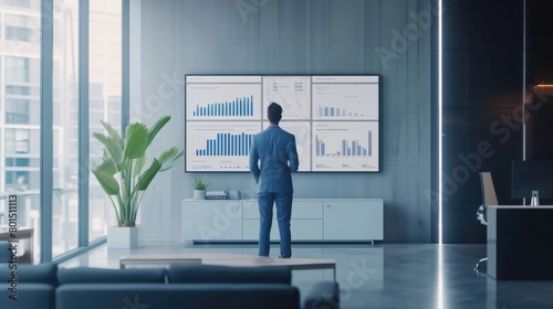 Professional business man looking at financial statistic chart while planning marketing strategy. Project manager checking at increasing sales while checking graph at meeting room. Business. AIG42.