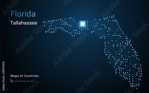Florida Map with a capital of Tallahassee Shown in a Microchip Pattern. Silicon valley, E-government. United States vector maps. Microchip Series	
