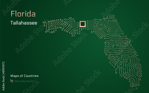 Florida Map with a capital of Tallahassee Shown in a Microchip Pattern. Silicon valley, E-government. United States vector maps. Microchip Series	
