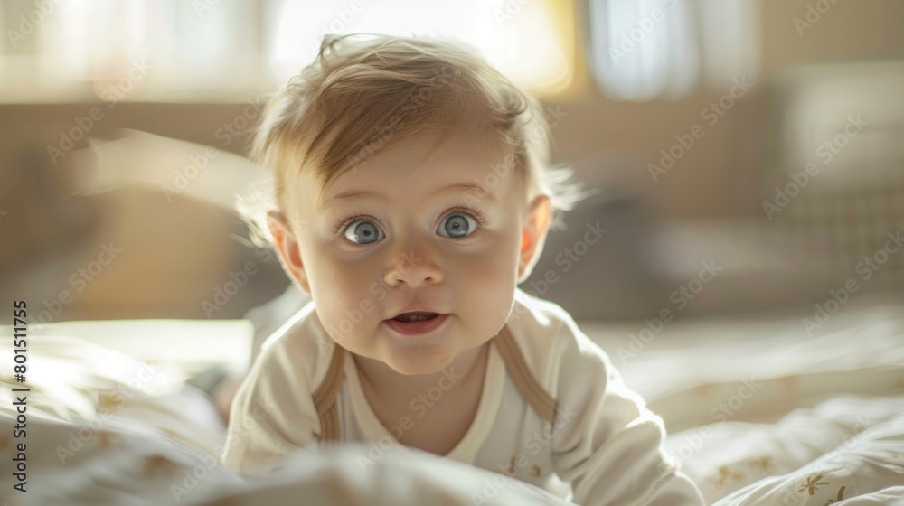 A baby laying on a bed, gazing up at the camera with curiosity.