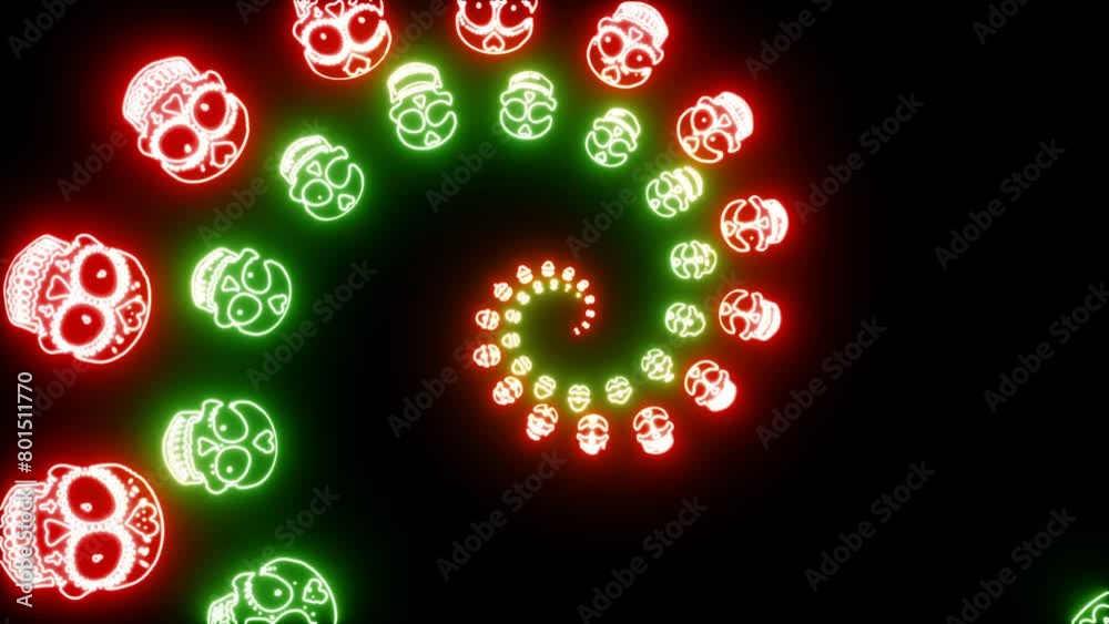Seamless animation of a spiral of mexican skulls with neon glow. Funny Halloween background with fluorescent effect for parties and events.