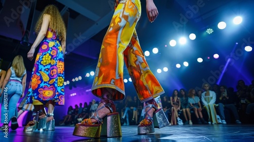 Vibrant 1970s-Inspired Fashion Show:Models Strutting the Runway in Psychedelic Prints and Retro Styles photo