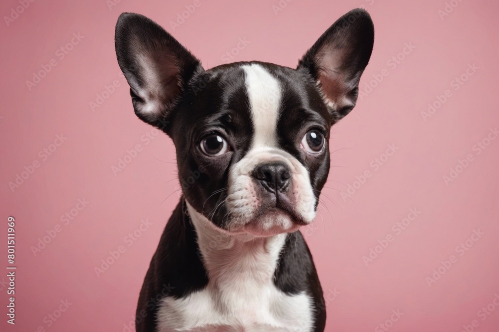 Boston Terrier puppy looking at camera, copy space. Studio shot. Boston Terrier puppy looking at camera, copy space. Studio shot.