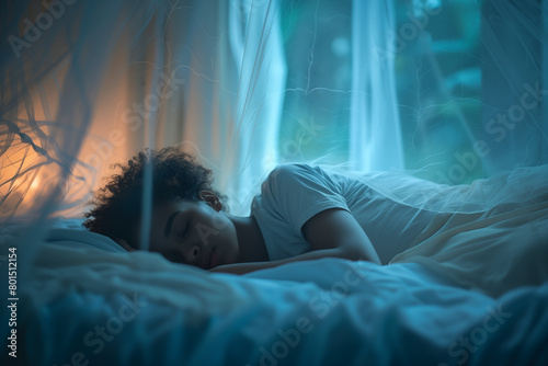 Photo of a girl sleeping calmly surrounded by mosquito net photo