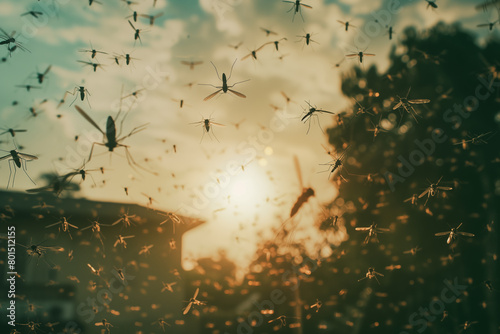 A cloud of mosquitoes flying in the air, cottage setting with cloudy sky on the background