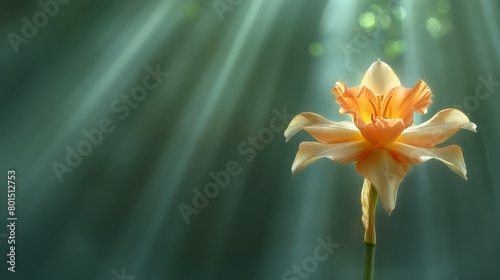   A flower  its petals in focus  against a verdant backdrop Light radiates from its heart
