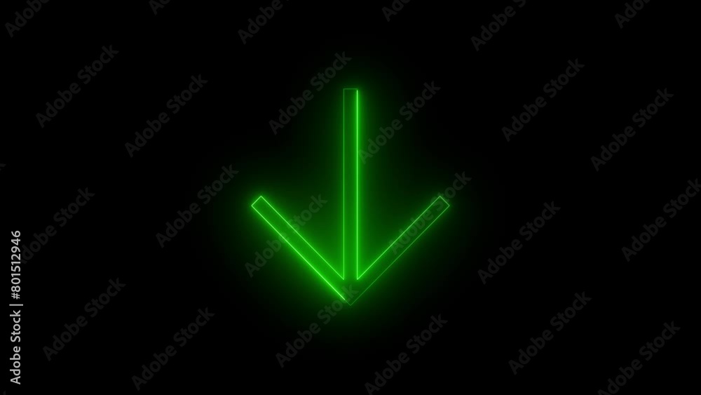 Neon glowing green color down arrow direction icon on black background animation Neon glowing green color down arrow direction icon on black background animation