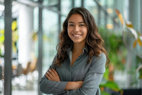 Portrait of smiling young multiethnic woman looking at camera with crossed arms. Successful latin business woman standing in modern office with copy space. Young university hispanic girl with smile.